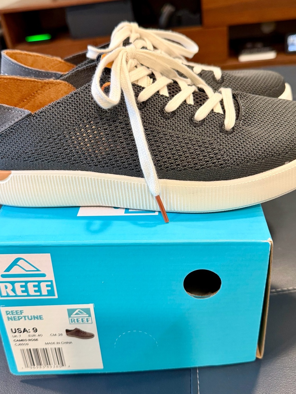 Reef Knit Low-Top Sneakers in Charcoal with White Laces and Tan Accents - Picture 6 of 7